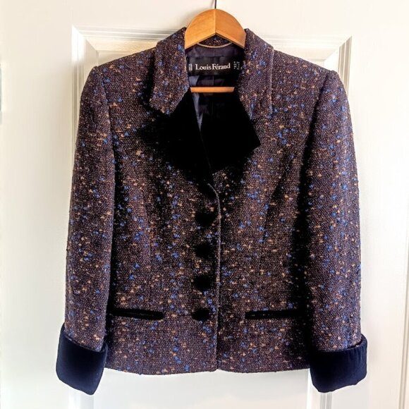 Louis Feraud Brown Blue Tweed Velvet Blazer - Picture 1 of 7